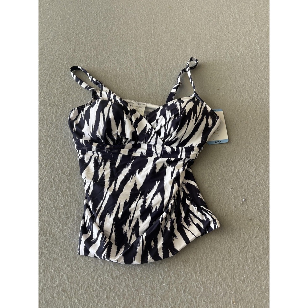 Anne Cole Tankini Swimsuit Top Womens Large Blue Ikat Print UPF 50 Adjustable